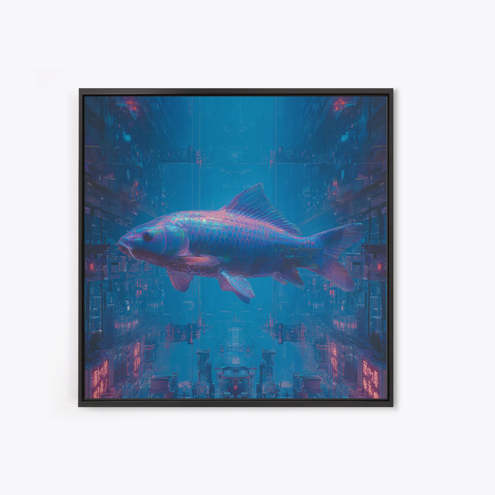 Cyberpunk Koi Swimming Through Electric Blue Water Canvas Print, Cyberpunk Art, Fine Art Print, Living Room Decor, Neon, CYB-1x1-5