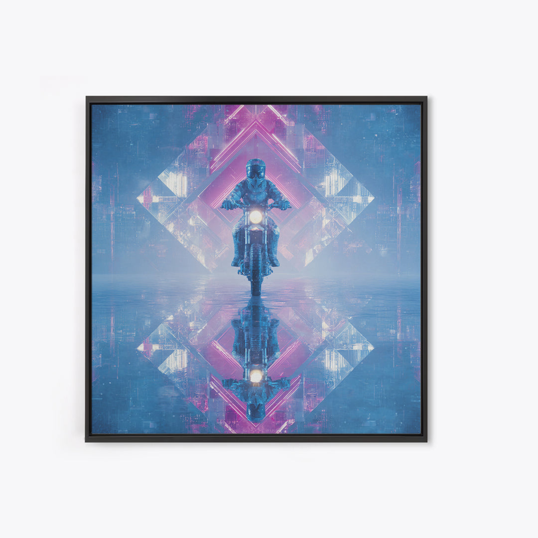Motorcycle Rider under Holographic Signs Framed Canvas Print, Cyberpunk Art, Cool Wall Art, Living Room Decor, Fine Art, Neon, CYB-1x1-52