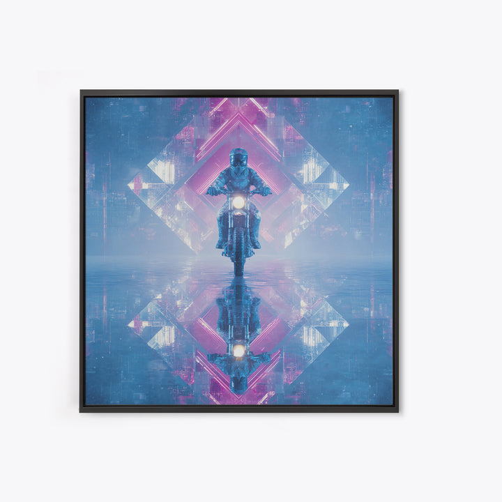 Motorcycle Rider under Holographic Signs Framed Canvas Print, Cyberpunk Art, Cool Wall Art, Living Room Decor, Fine Art, Neon, CYB-1x1-52