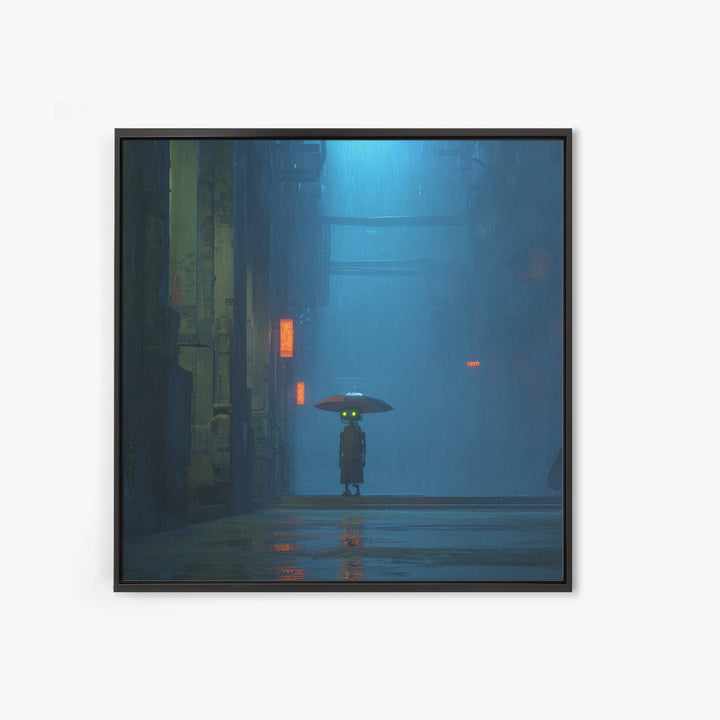 Glowing Umbrella Figure Framed Canvas Print, Cyberpunk Art, Neutral Decor, Living Room Decor, Fine Art, Neon, Home Decor, CYB-1x1-63