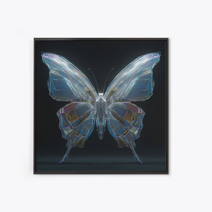 Holographic Butterfly over Black Metal Surface Framed Canvas Print, Cyberpunk Art, Modern Decor, Living Room Decor, Neon, CYB-1x1-67