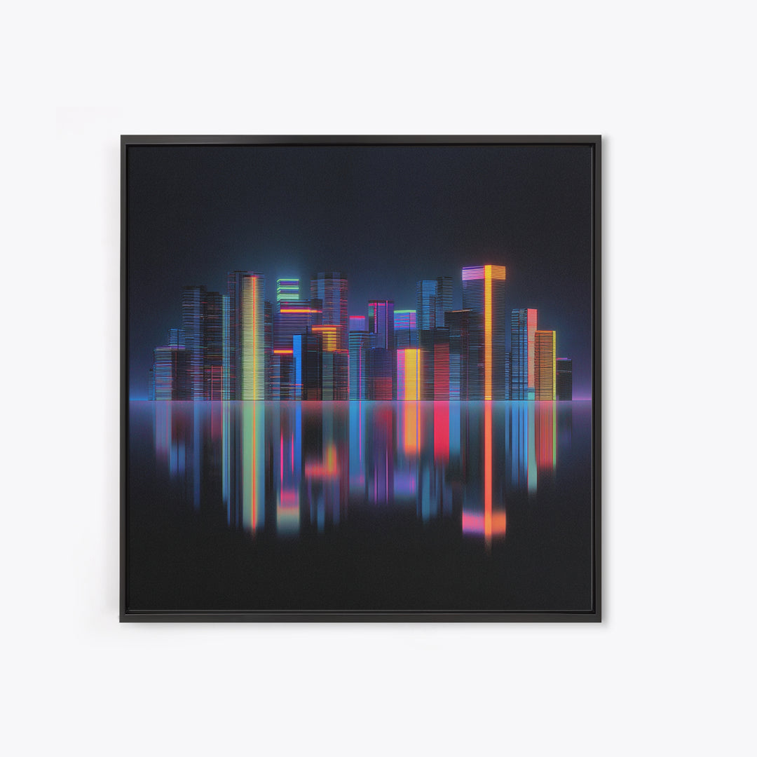 Neon Skyline Reflected Framed Canvas Print, Cyberpunk Art, Minimalist Poster, Living Room Decor, Fine Art, Neon, CYB-1x1-70