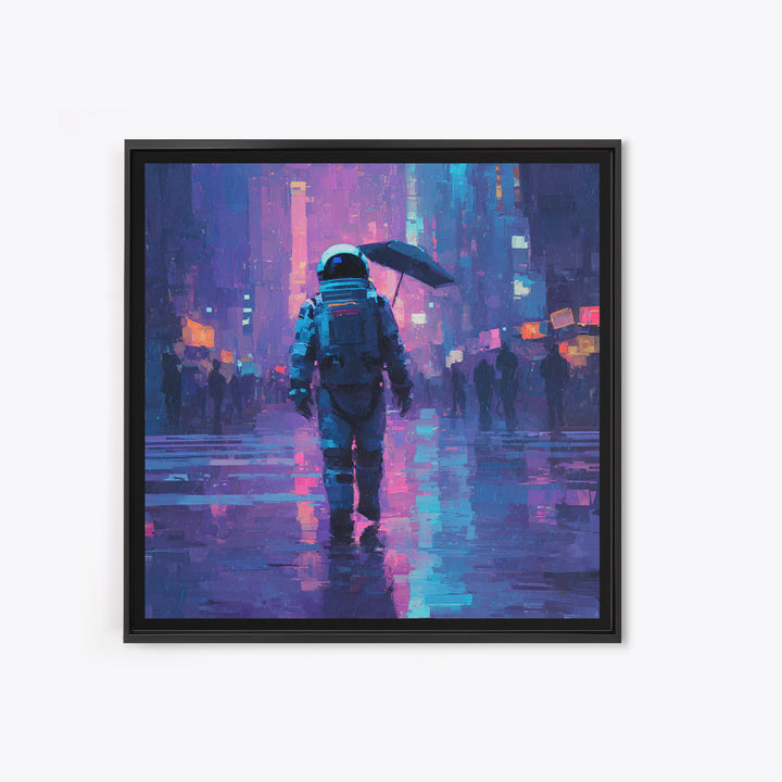 Astronaut Street Wanderer Framed Canvas Print, Cyberpunk Art, Cyberpunk Tarot, Living Room Decor, Fine Art, Neon, CYB-1x1-71