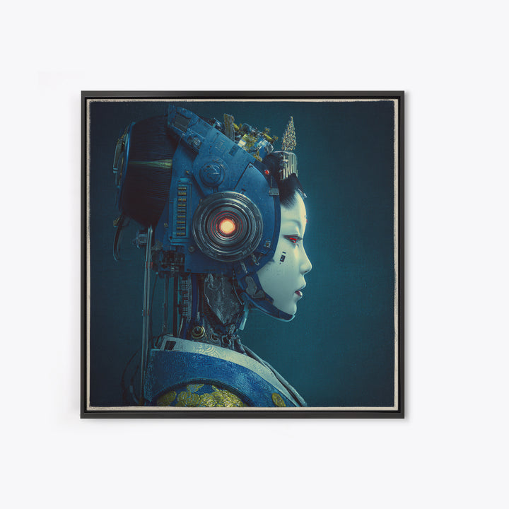 Robot Geisha Portrait Framed Canvas Print, Cyberpunk Art, Boho Decor, Living Room Decor, Fine Art, Neon, Art Print, Digital Art, CYB-1x1-79