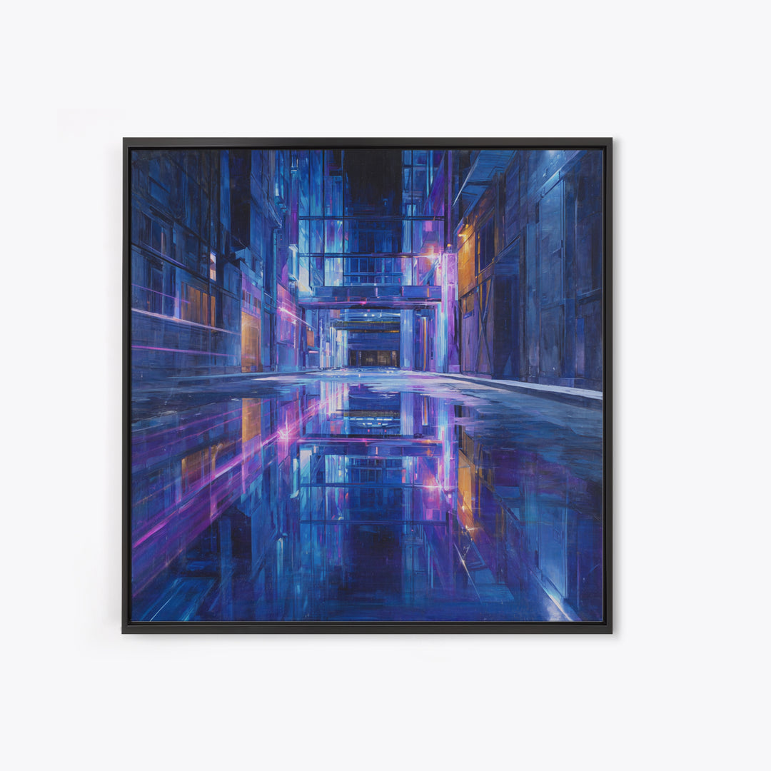 Rain Soaked Alley Framed Canvas Print, Cyberpunk Art, Fine Art Print, Living Room Decor, Abstract Art, Neon, Wall Decor, CYB-1x1-80