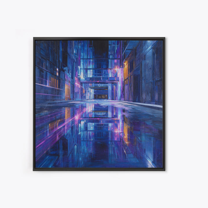 Rain Soaked Alley Framed Canvas Print, Cyberpunk Art, Fine Art Print, Living Room Decor, Abstract Art, Neon, Wall Decor, CYB-1x1-80