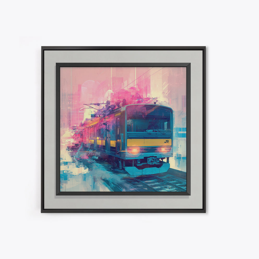 City Train Rushing Through Pink Electric Haze Canvas Print, Cyberpunk Art, Minimalist Decor, Living Room Decor, Fine Art, Neon, CYB-1x1-85
