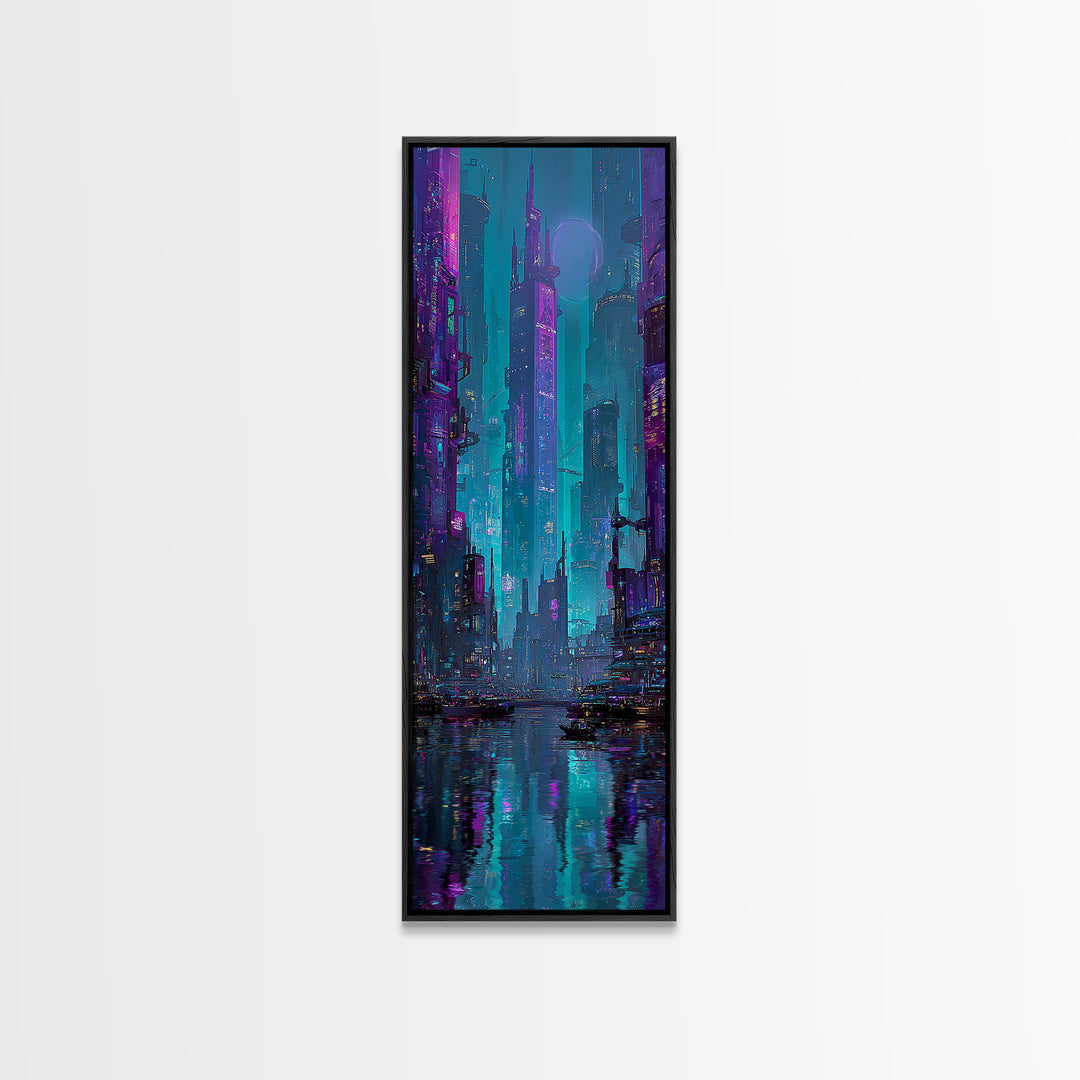 Futuristic City Skyline Canvas Print, Cyberpunk Art, Gallery Decor, Living Room Decor, Fine Art, Neon, Wall Art, Home Decor, CYB-1x3-14
