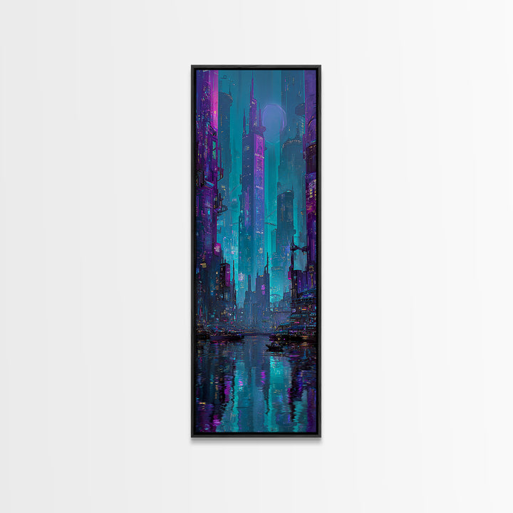 Futuristic City Skyline Canvas Print, Cyberpunk Art, Gallery Decor, Living Room Decor, Fine Art, Neon, Wall Art, Home Decor, CYB-1x3-14