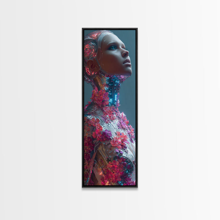 Android Woman with Glowing Circuitry and Flowers Framed Canvas Print, Cyberpunk Art, Canvas Wall Art, Living Room Decor, Neon, CYB-1x3-15