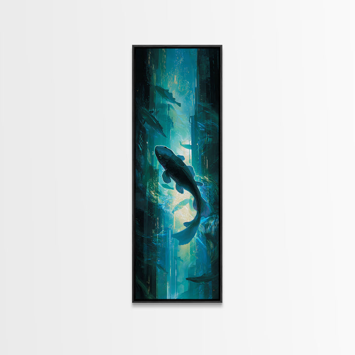 Cyberpunk Koi Swimming Through Electric Blue Water Canvas Print, Cyberpunk Art, Poster, Living Room Decor, Fine Art, Neon, CYB-1x3-17