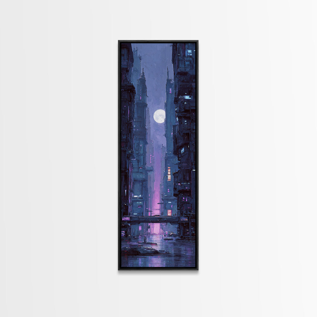 Dystopian Moon over Dense Rooftops Framed Canvas Print, Cyberpunk Art, Fantasy Art, Living Room Decor, Oil Painting, Neon, CYB-1x3-30