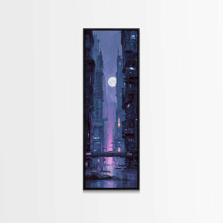 Dystopian Moon over Dense Rooftops Framed Canvas Print, Cyberpunk Art, Fantasy Art, Living Room Decor, Oil Painting, Neon, CYB-1x3-30