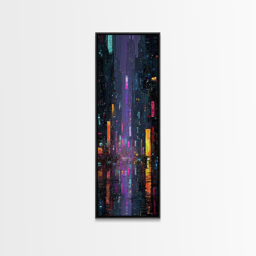 Neon Skyline Reflected Framed Canvas Print, Cyberpunk Art, Modern Wall Decor, Living Room Decor, Abstract Art, Neon, CYB-1x3-34