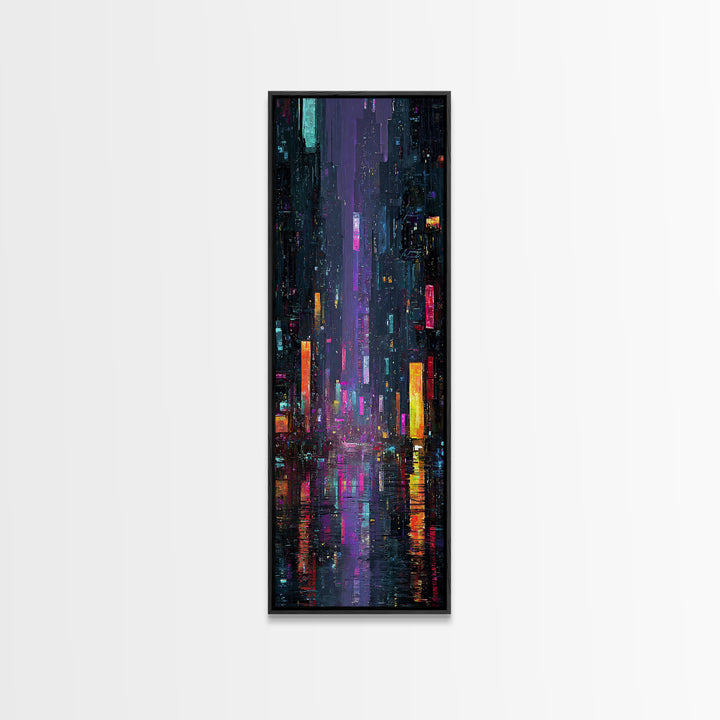 Neon Skyline Reflected Framed Canvas Print, Cyberpunk Art, Modern Wall Decor, Living Room Decor, Abstract Art, Neon, CYB-1x3-34