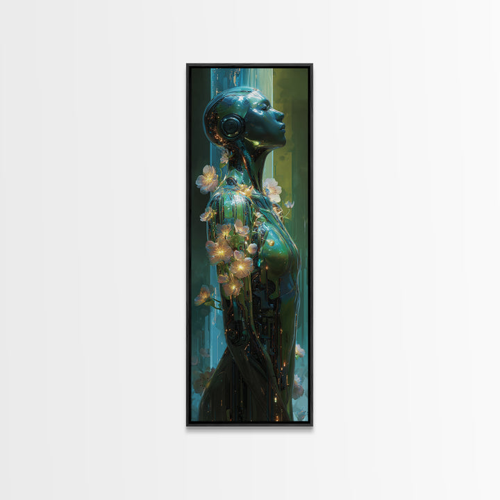 Android Woman with Glowing Circuitry and Flowers Canvas Print, Cyberpunk Art, Blue Wall Art, Living Room Decor, Oil Painting, CYB-1x3-39