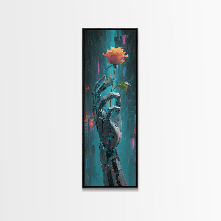 Robotic Hand Holding a Real Rose Framed Canvas Print, Cyberpunk Art, Minimalist Decor, Living Room Decor, Fine Art, Neon, CYB-1x3-4