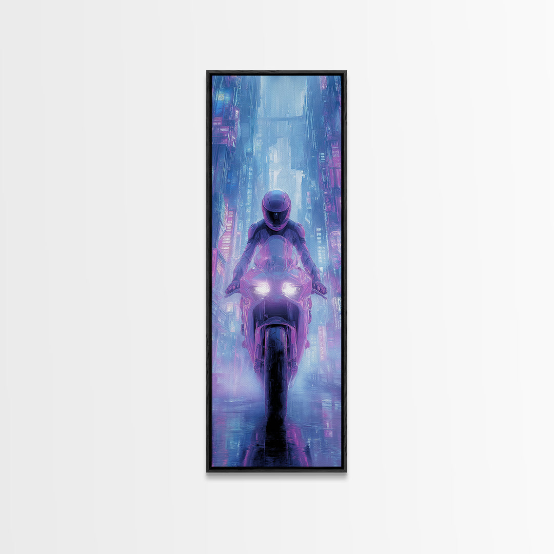 Motorcycle Rider under Holographic Signs Canvas Print, Cyberpunk Art, Abstract Art, Living Room Decor, Fine Art, Neon, CYB-1x3-40