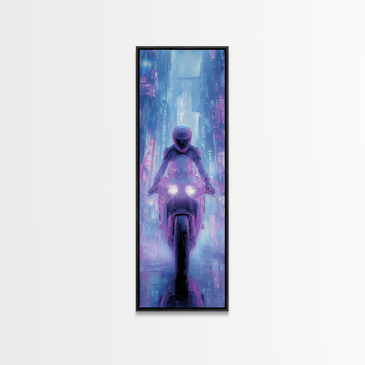 Motorcycle Rider under Holographic Signs Canvas Print, Cyberpunk Art, Abstract Art, Living Room Decor, Fine Art, Neon, CYB-1x3-40