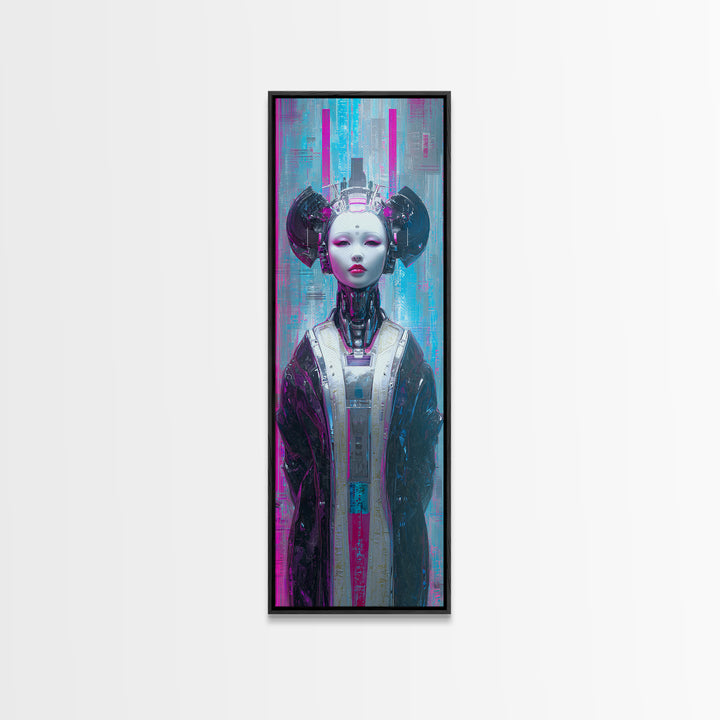 Robot Geisha Portrait Canvas Print, Cyberpunk Art, Cool Wall Art, Living Room Decor, Neon, Gallery Decor, Neutral Decor, CYB-1x3-43