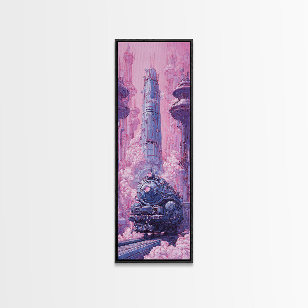City Train Rushing Through Pink Electric Haze Canvas Print, Cyberpunk Art, Modern Decor, Living Room Decor, Fine Art, Neon, CYB-1x3-49