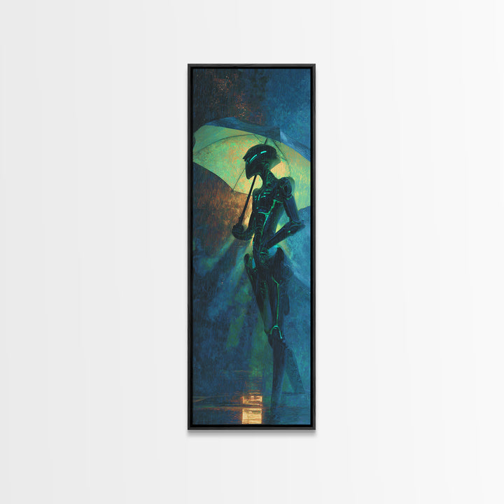 Glowing Umbrella Figure Canvas Print, Cyberpunk Art, Cyberpunk Helmet, Living Room Decor, Fine Art, Neon, Textured Painting, CYB-1x3-51