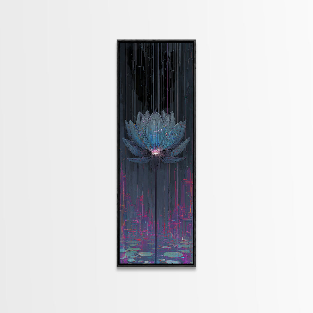 Electric Lotus Flower Framed Canvas Print, Cyberpunk Art, Textured Painting, Living Room Decor, Neon, Digital Wall Art, CYB-1x3-53
