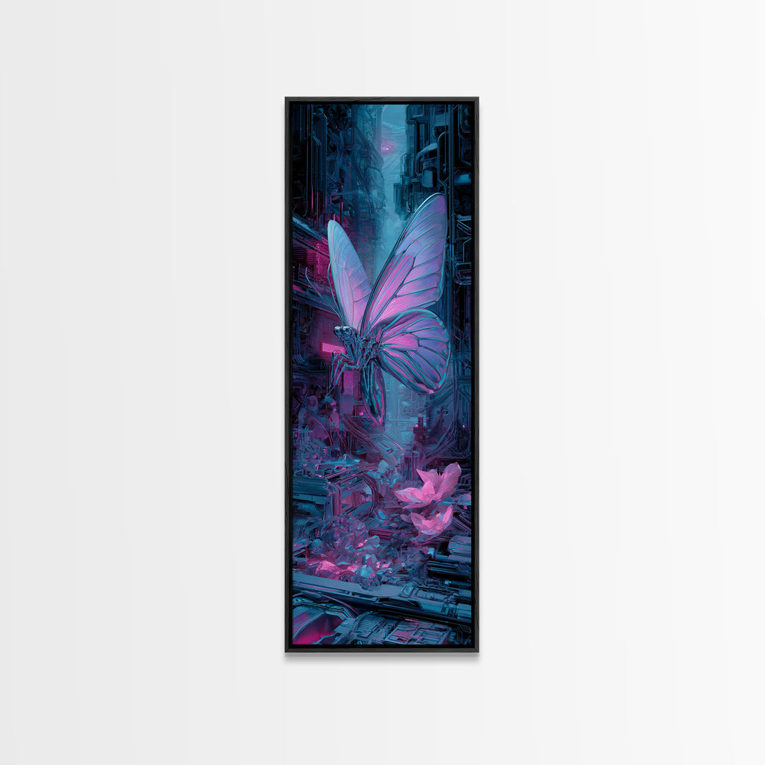 Holographic Butterfly over Black Metal Surface Canvas Print, Cyberpunk Art, Man Cave Decor, Living Room Decor, Fine Art, Neon, CYB-1x3-55