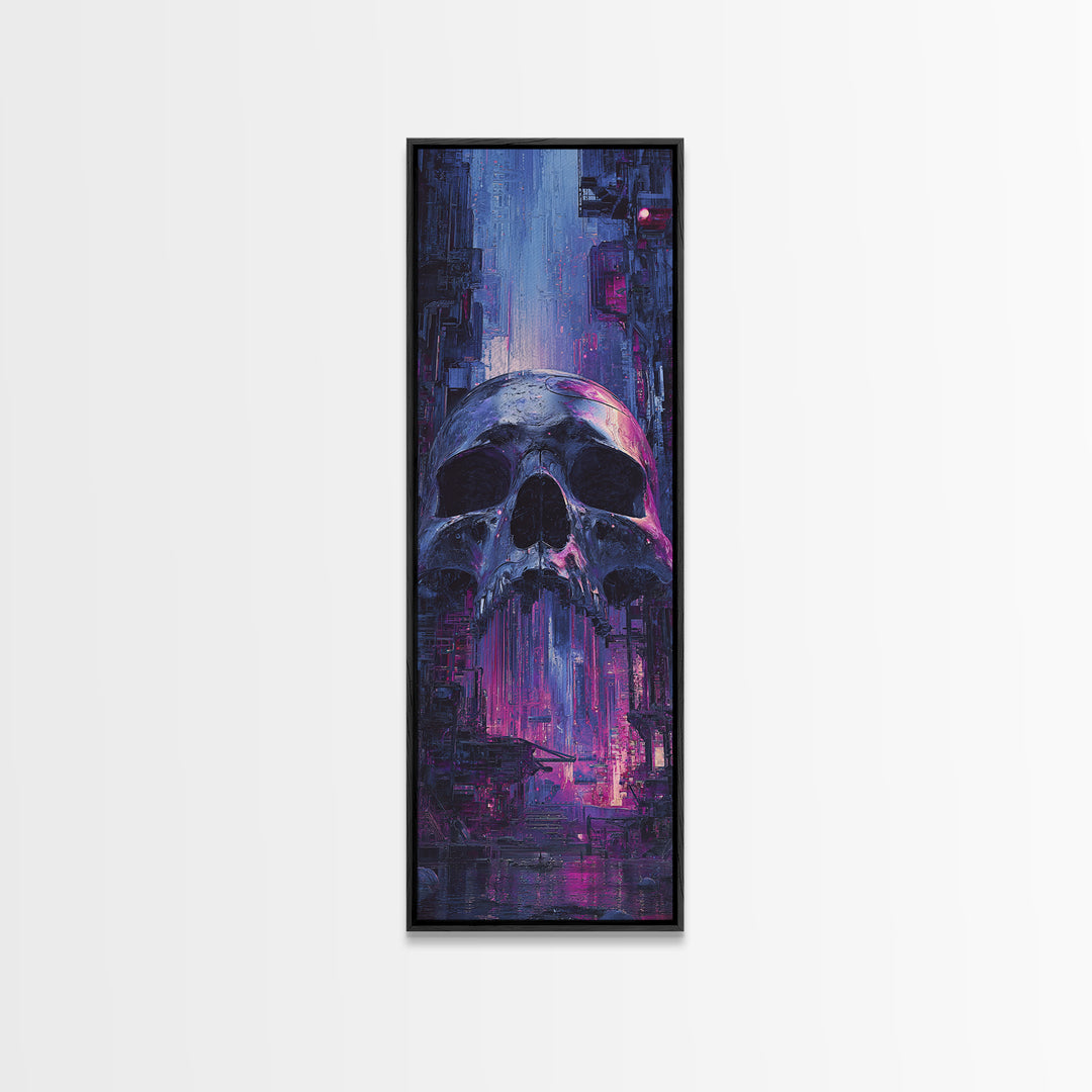 Cyberpunk Skull with Chrome and Violet Light Canvas Print, Cyberpunk Art, Modern Art, Living Room Decor, Fine Art, Neon, CYB-1x3-56