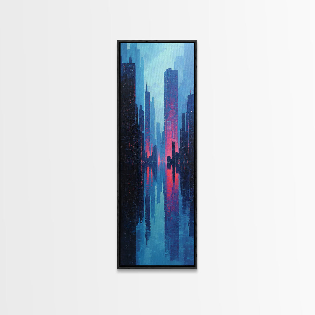 Neon Skyline Reflected Framed Canvas Print, Cyberpunk Art, Modern Wall Decor, Living Room Decor, Abstract Art, Neon, CYB-1x3-58