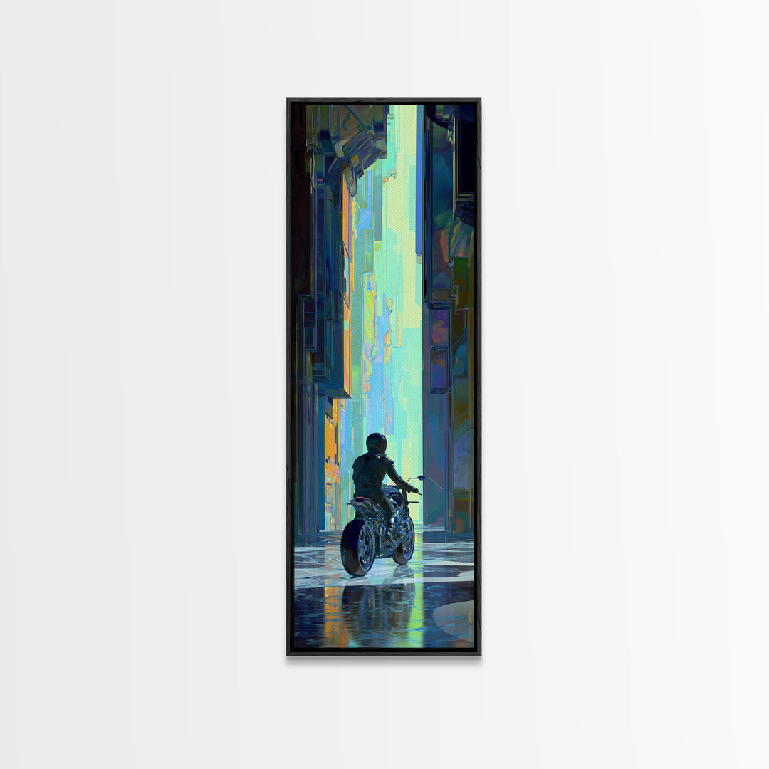 Motorcycle Rider under Holographic Signs Framed Canvas Print, Cyberpunk Art, Cool Wall Art, Living Room Decor, Fine Art, Neon, CYB-1x3-64
