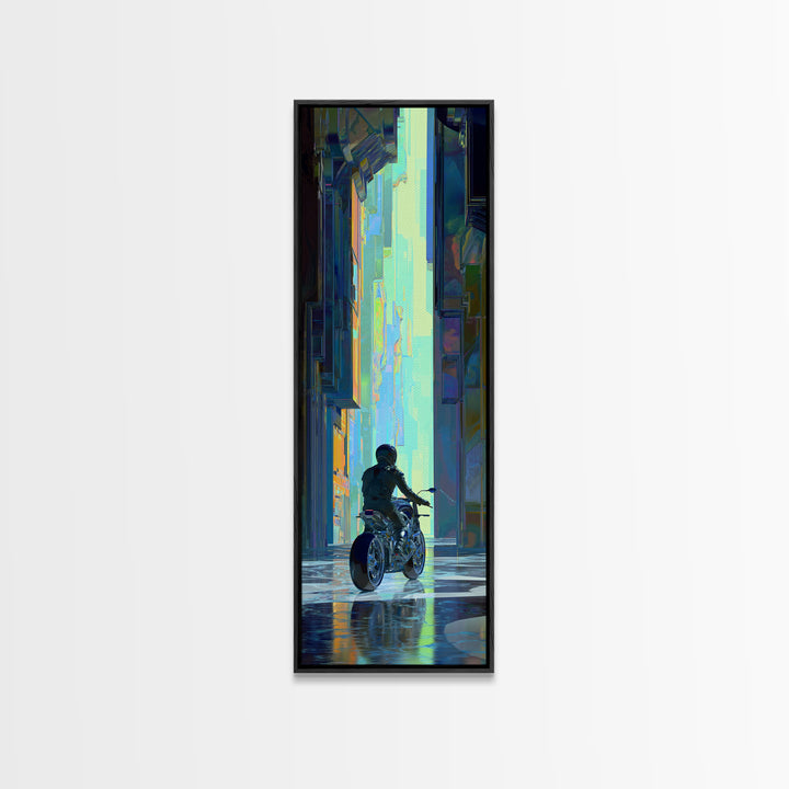 Motorcycle Rider under Holographic Signs Framed Canvas Print, Cyberpunk Art, Cool Wall Art, Living Room Decor, Fine Art, Neon, CYB-1x3-64