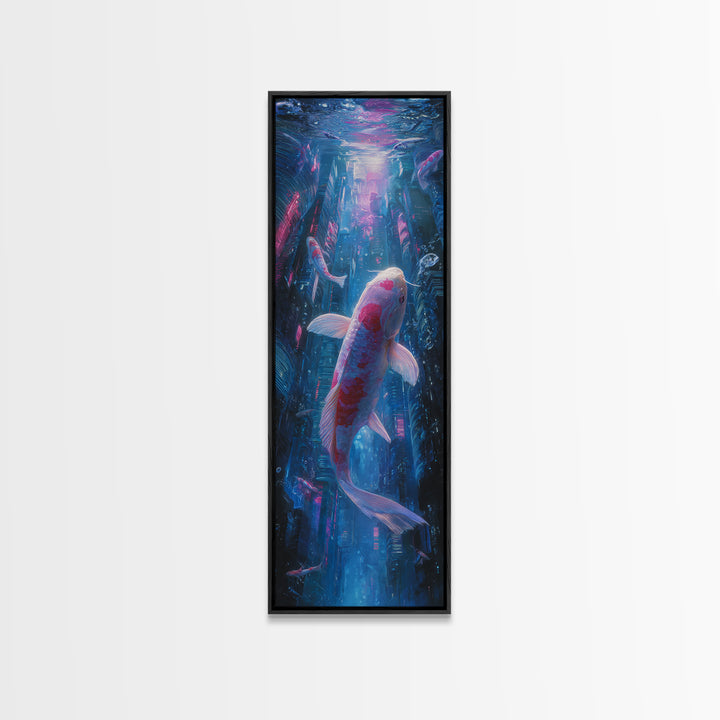 Cyberpunk Koi Swimming Through Electric Blue Water Canvas Print, Cyberpunk Art, Art Print, Living Room Decor, Fine Art, Neon, CYB-1x3-65