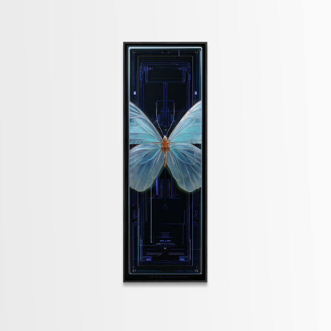Holographic Butterfly over Black Metal Surface Canvas Print, Cyberpunk Art, Gothic Decor, Living Room Decor, Oil Painting, Neon, CYB-1x3-7