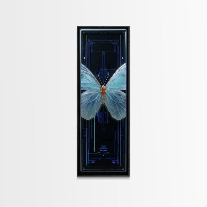 Holographic Butterfly over Black Metal Surface Canvas Print, Cyberpunk Art, Gothic Decor, Living Room Decor, Oil Painting, Neon, CYB-1x3-7