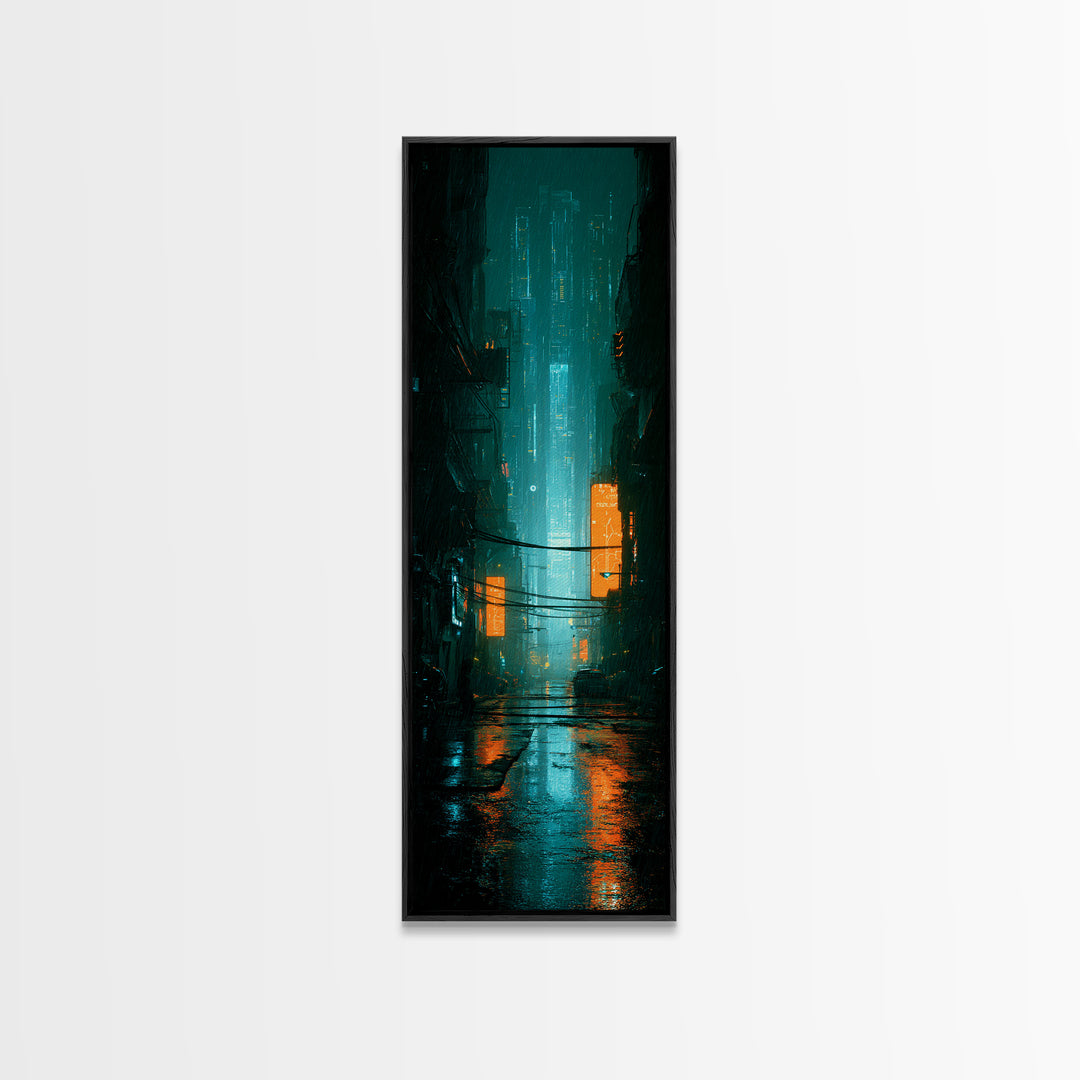 Retro Arcade Dystopia Framed Canvas Print, Cyberpunk Art, Modern Decor, Living Room Decor, Fine Art, Neon, Poster, Wall Decor, CYB-1x3-70