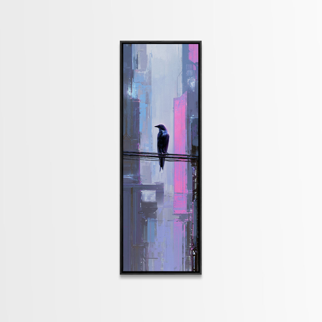 Cybernetic Raven Perched on a Cable Framed Canvas Print, Cyberpunk Art, Gallery Decor, Living Room Decor, Fine Art, Neon, CYB-1x3-71