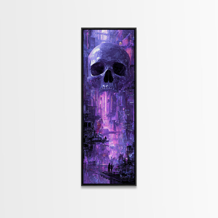 Cyberpunk Skull with Chrome and Violet Light Framed Canvas Print, Cyberpunk Art, Digital Art Print, Living Room Decor, Neon, CYB-1x3-80