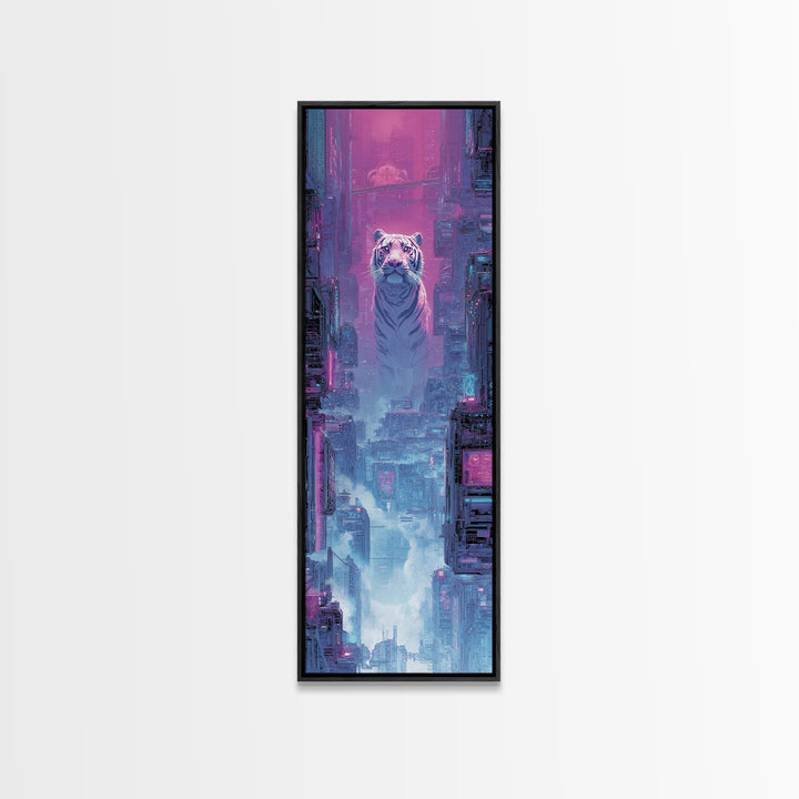 Neon Tiger Emerging from Digital Fog Canvas Print, Cyberpunk Art, Digital Art, Living Room Decor, Fine Art, Neon, Cool Wall Art, CYB-1x3-93
