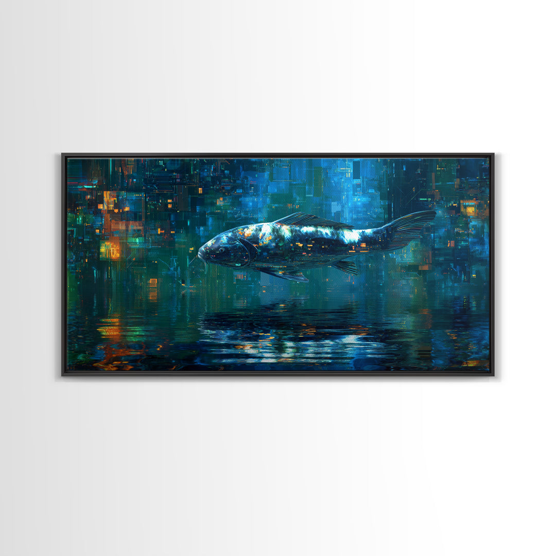 Cyberpunk Koi Swimming Through Electric Blue Water Framed Canvas Print, Cyberpunk Art, Cyberpunk 2077, Living Room Decor, Neon, CYB-2x1-1