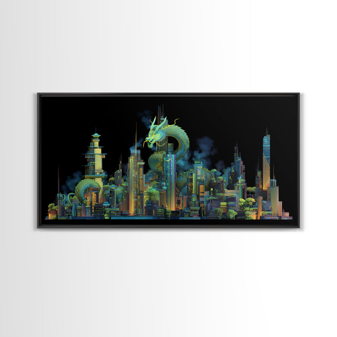 Neon Dragon Wrapped Around Skyscraper Shapes Framed Canvas Print, Cyberpunk Art, Living Room Decor, Abstract Art, Neon, CYB-2x1-10