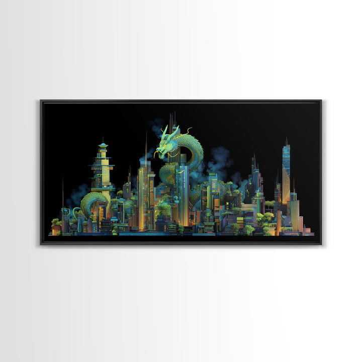 Neon Dragon Wrapped Around Skyscraper Shapes Framed Canvas Print, Cyberpunk Art, Living Room Decor, Abstract Art, Neon, CYB-2x1-10