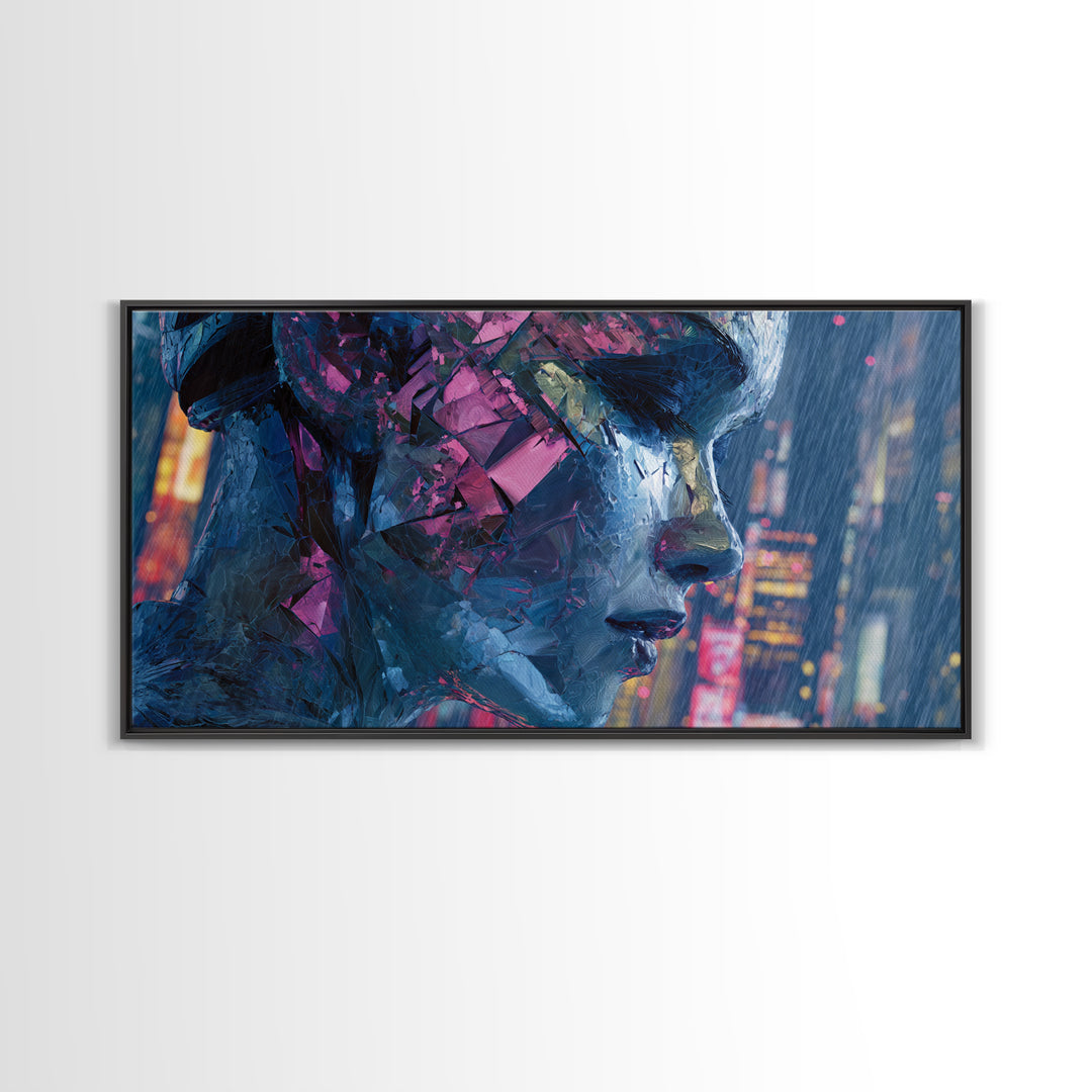 Ai Mask Portrait Framed Canvas Print, Cyberpunk Art, Statement Artwork, Living Room Decor, Fine Art, Neon, Art Print, CYB-2x1-20
