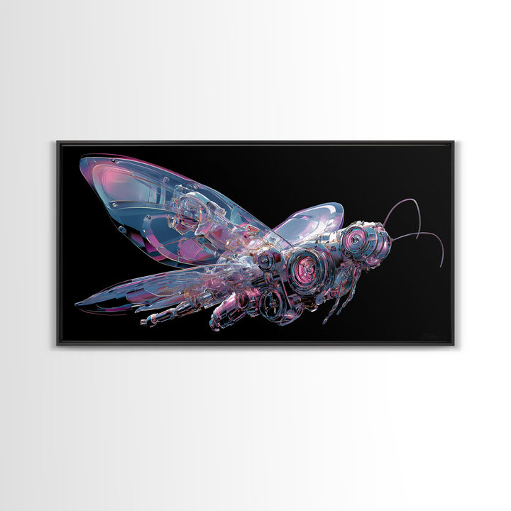 Holographic Butterfly over Black Metal Surface Canvas Print, Cyberpunk Art, Printable Wall Art, Living Room Decor, Neon, CYB-2x1-39