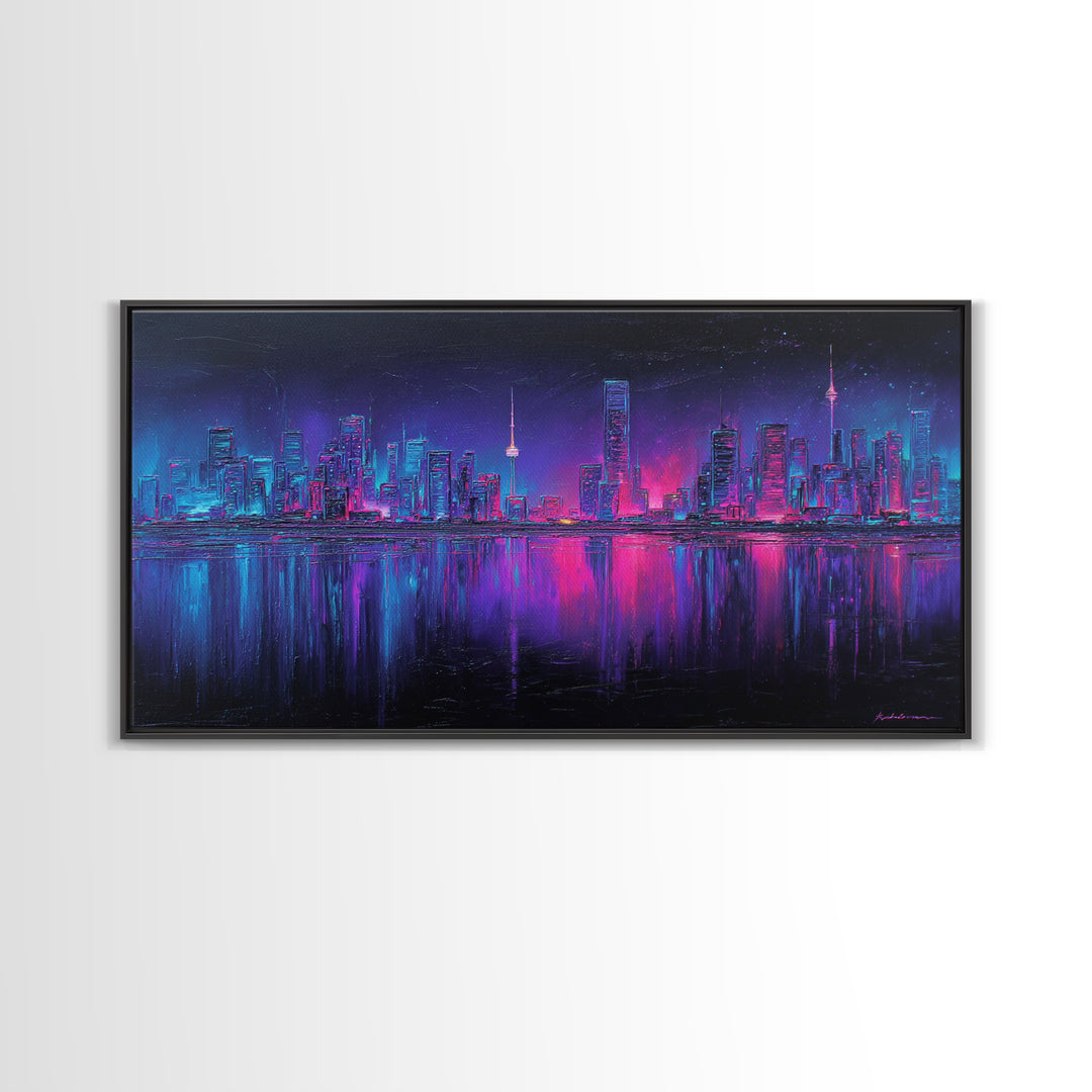 Neon Skyline Reflected Framed Canvas Print, Cyberpunk Art, Room Decor, Living Room Decor, Abstract Art, Neon 142, Cyberpunk, CYB-2x1-42
