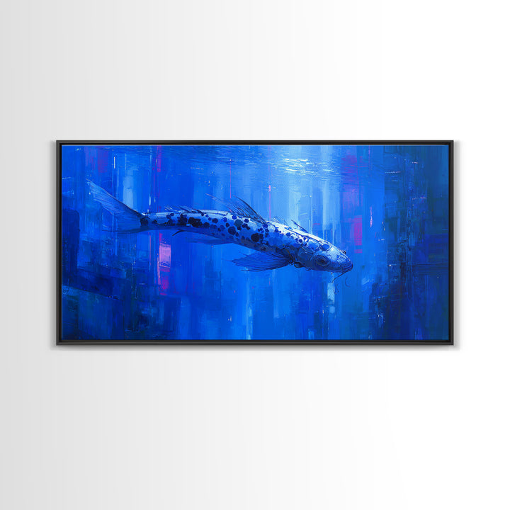 Cyberpunk Koi Swimming Through Electric Blue Water Canvas Print, Cyberpunk Art, Japanese Wall Art, Living Room Decor, Neon, CYB-2x1-49