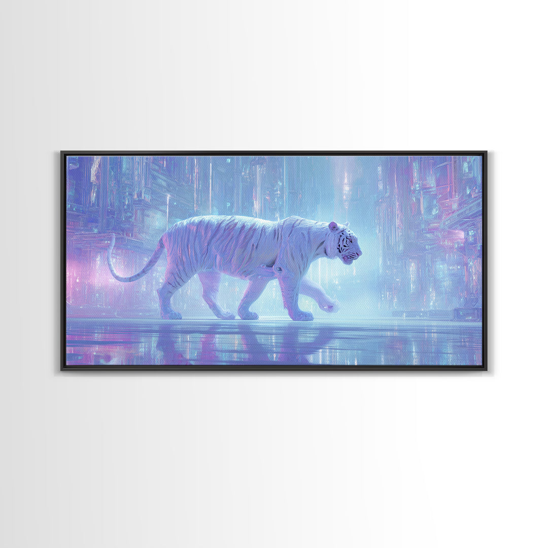 Neon Tiger Emerging from Digital Fog Framed Canvas Print, Cyberpunk Art, Digital Wall Art, Living Room Decor, Watercolor Art, CYB-2x1-5