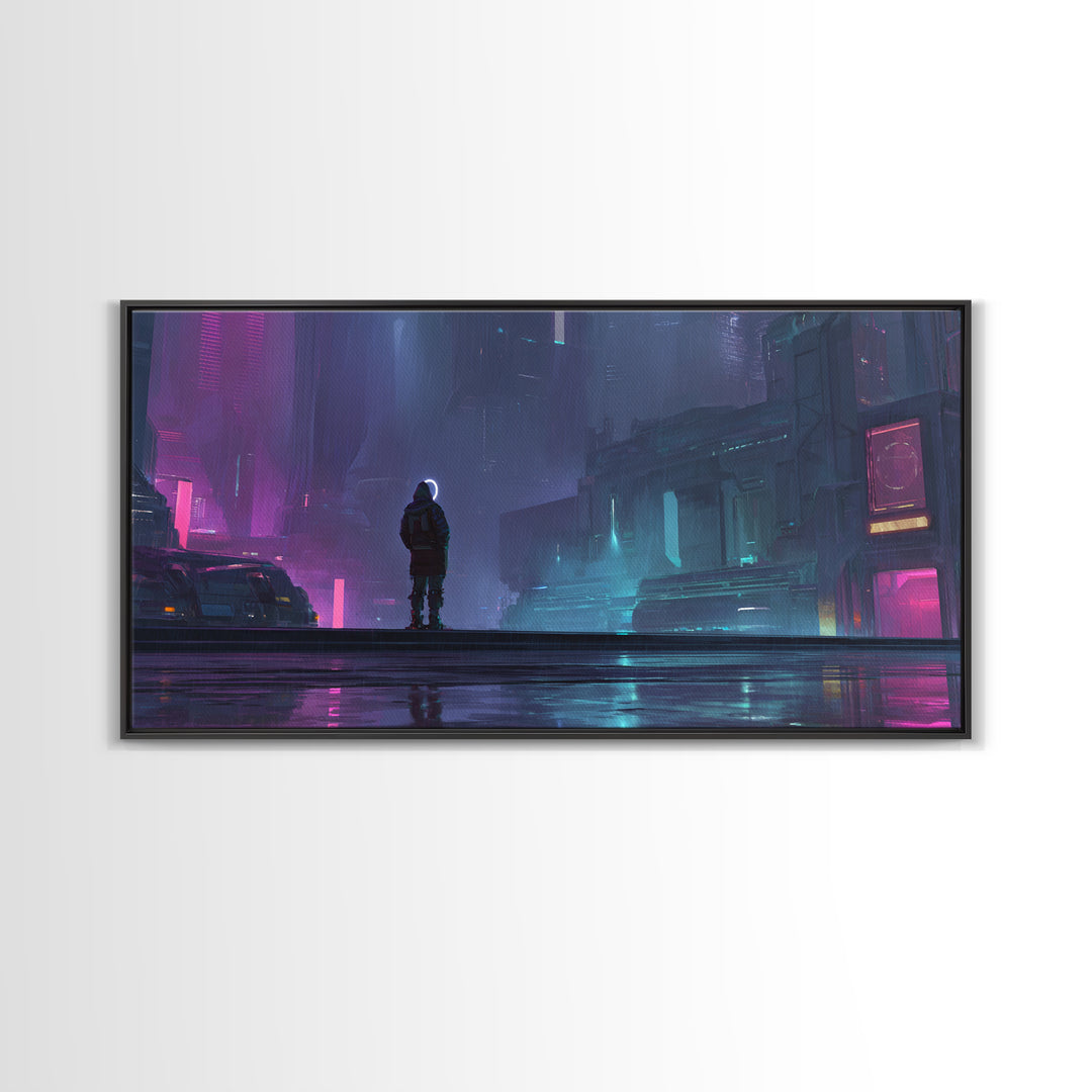 Masked Hacker Figure Framed Canvas Print, Cyberpunk Art, Wall Decor, Living Room Decor, Fine Art, Neon, Japanese Art, CYB-2x1-50