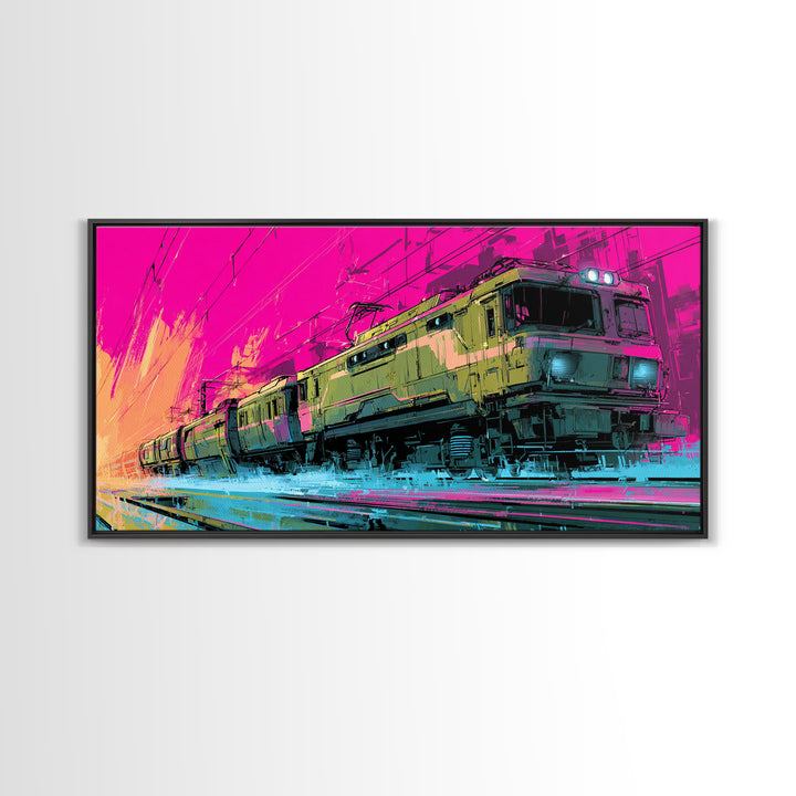 City Train Rushing Through Pink Electric Haze Canvas Print, Cyberpunk Art, Gothic Decor, Living Room Decor, Fine Art, Neon, CYB-2x1-57