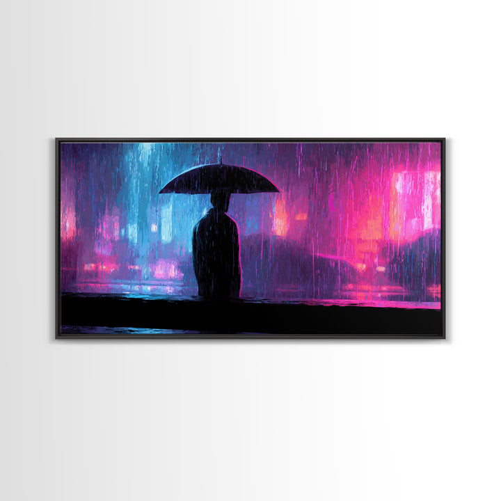 Glowing Umbrella Figure Framed Canvas Print, Cyberpunk Art, Cyberpunk Jacket, Living Room Decor, Fine Art, Neon, Boho Decor, CYB-2x1-59